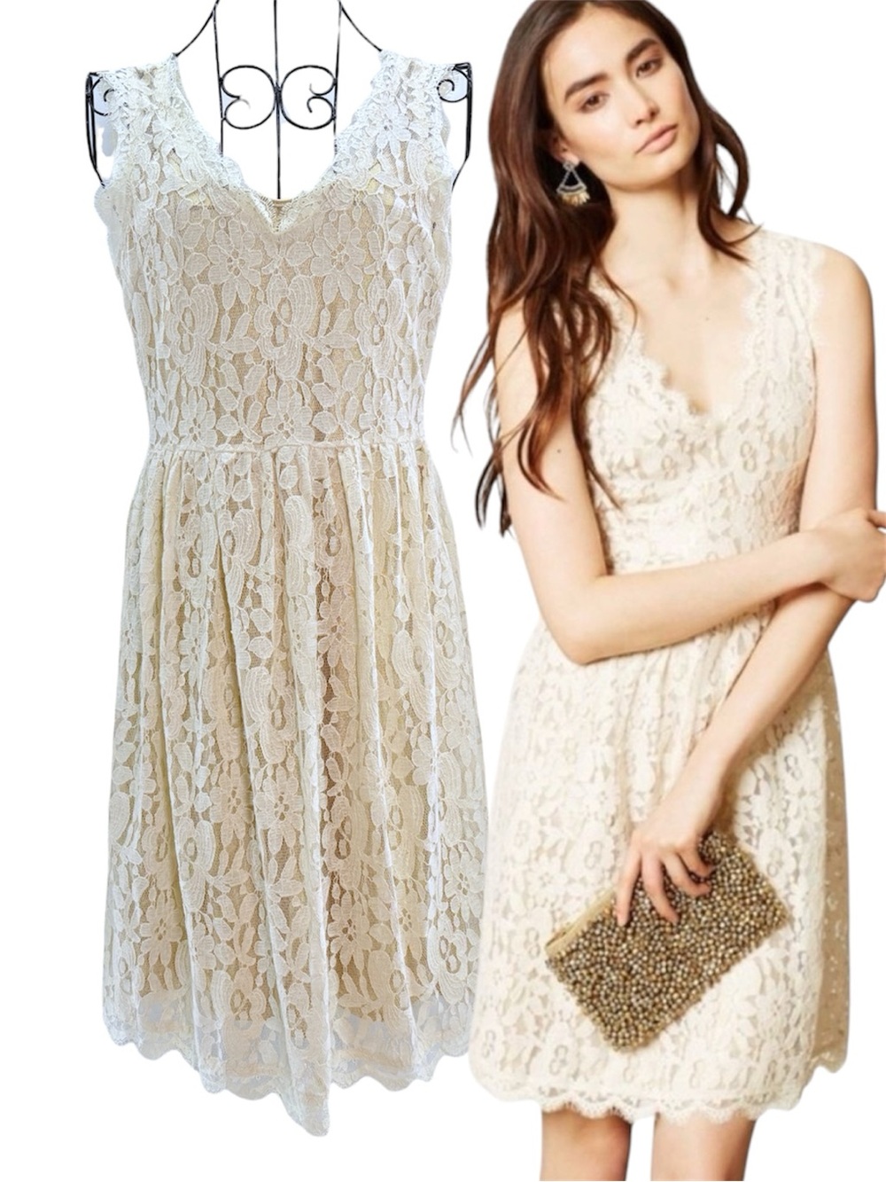 NEW Anthropologie Greylin Lace V-Neck Sleeveless Ivory Gold Mini Dress Size XS S